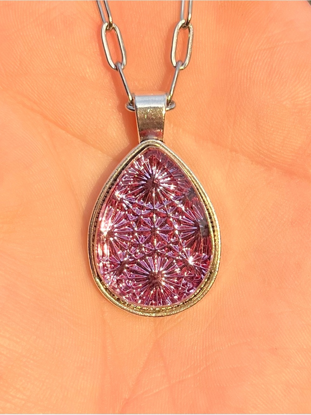 Pressed Glass Spider Web Kaleidoscope Purple teardrop pendant